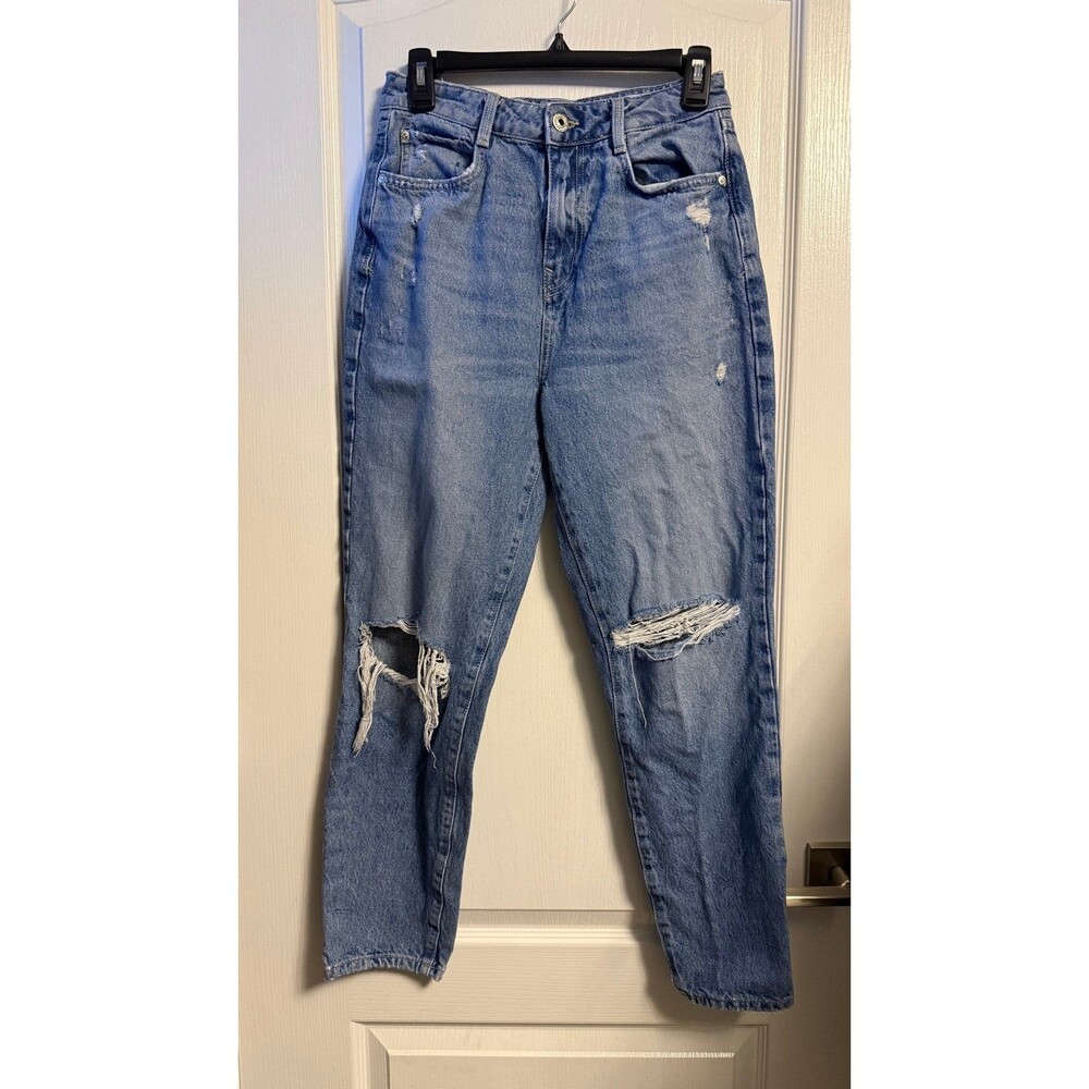 Zara Womens Distressed Raw Hem Jeans Medium Wash Baggy Slouchy Blue